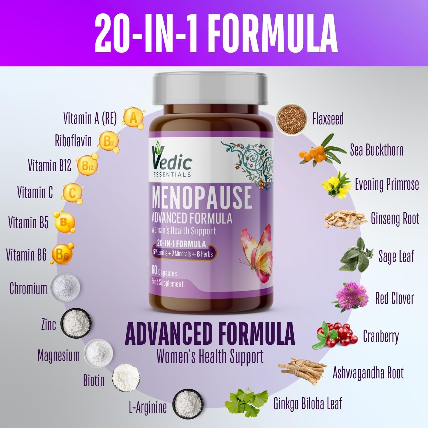 Vedic Menopause Supplement | 20 Vitamins, Minerals & Herbs- Red Clover, Sage, Primrose, Flaxseed, Ginseng | Perimenopause, Menopause Support- Hot Flashes Relief, Mood Swings, Fatigue | UK Made, Vegan