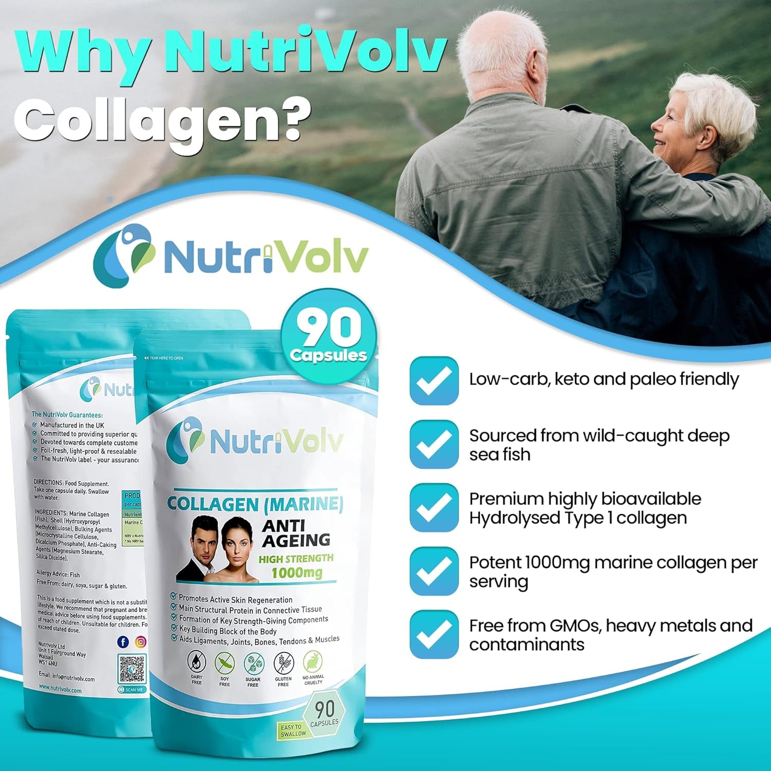 Nutrivolv Collagen Marine 1000Mg Supplement | Anti-Ageing Support for Skin, Joints, Bones, Muscles & Tissue Health | 90 Capsules | Boosts Skin Elasticity & Joint Mobility