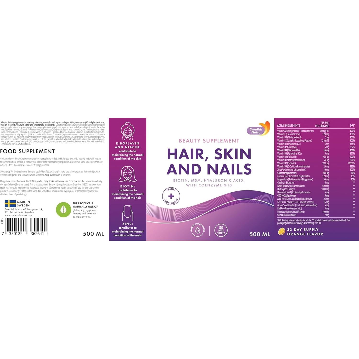Swedish Nutra - Hair, Skin & Nails Liquid Supplement - Pack of 500 Ml, 33 Day Supply | plus Collagen, Biotin, Vitamins, MSM, Hyaluronic Acid & Coq10 | Gluten Free | 100% Natural Orange Flavour