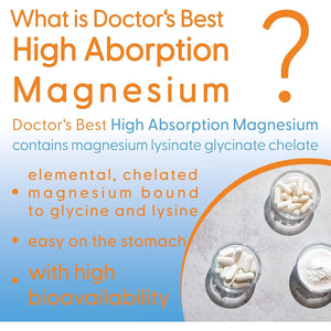 Doctor'S Best, High Absorption Magnesium, 100% Chelated with TRAACS, with Glycine and Lysine, 120 Vegan Tablets, Soya-Free, Gluten-Free, Non-Gmo
