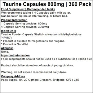 Taurine Capsules 800Mg - 360 Pack | Pure No Fillers | 3Rd Party Tested | Vegan