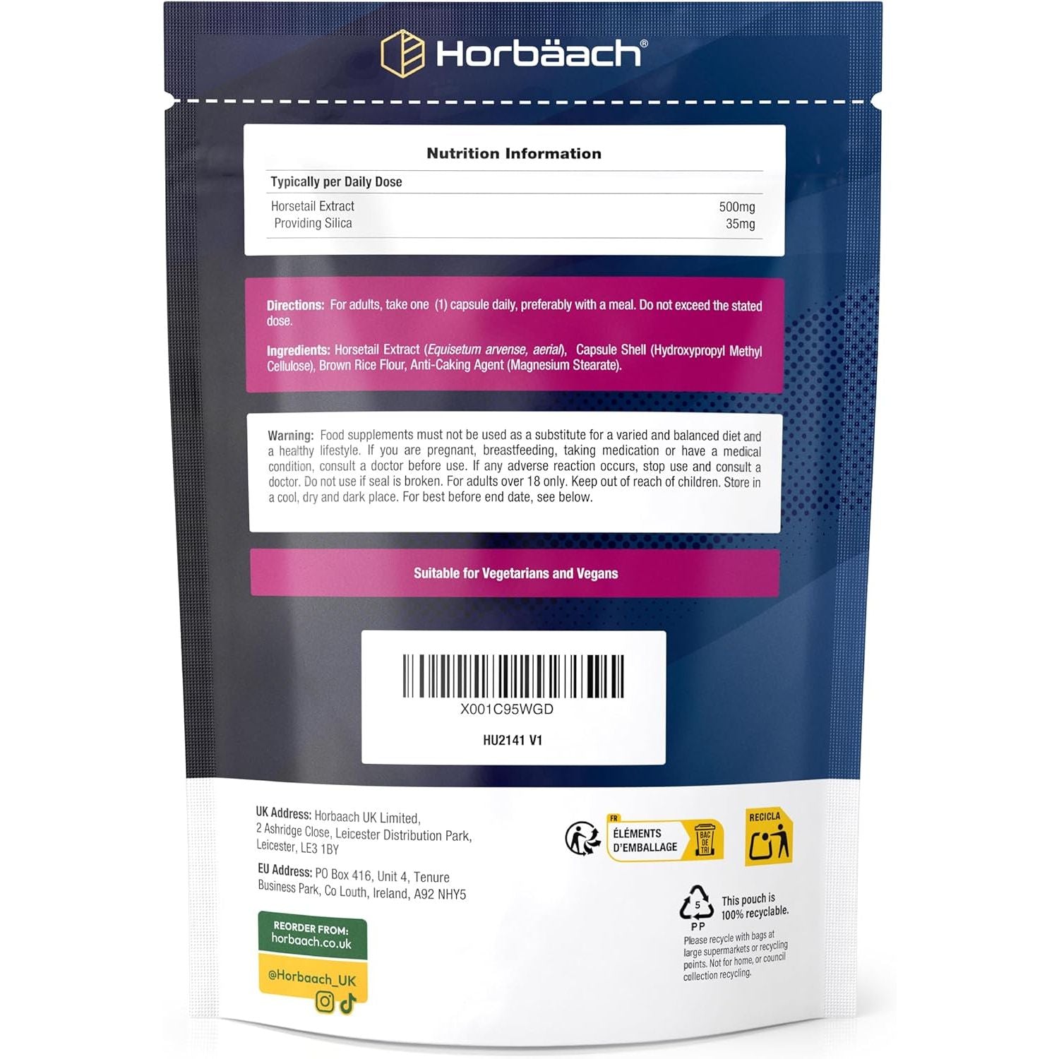 Silica Supplement 500Mg | High Strength Silica from Horsetail Extract | 120 Powder Capsules | Vegan | 4 Month Supply | by Horbaach