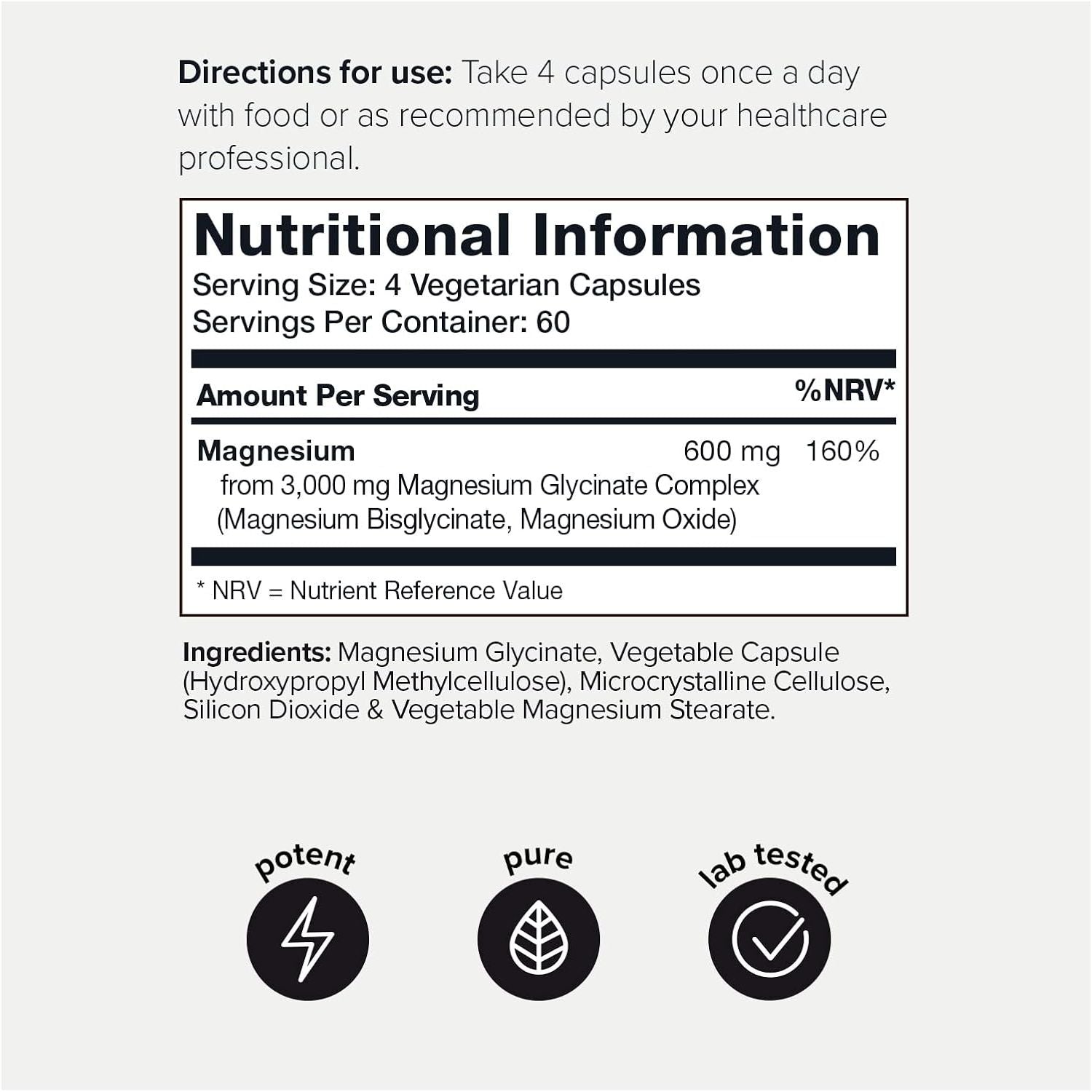 3000Mg High Strength Magnesium Glycinate Supplements - 20% Purified to Contain 600Mg of Elemental Magnesium