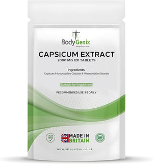 Bodygenix Capsicum Extract 2000Mg Tablets - High Strength anti Inflammatory Immune Metabolism Digestive anti Oxidant Support - Vegan Food Supplement 120 Tablets