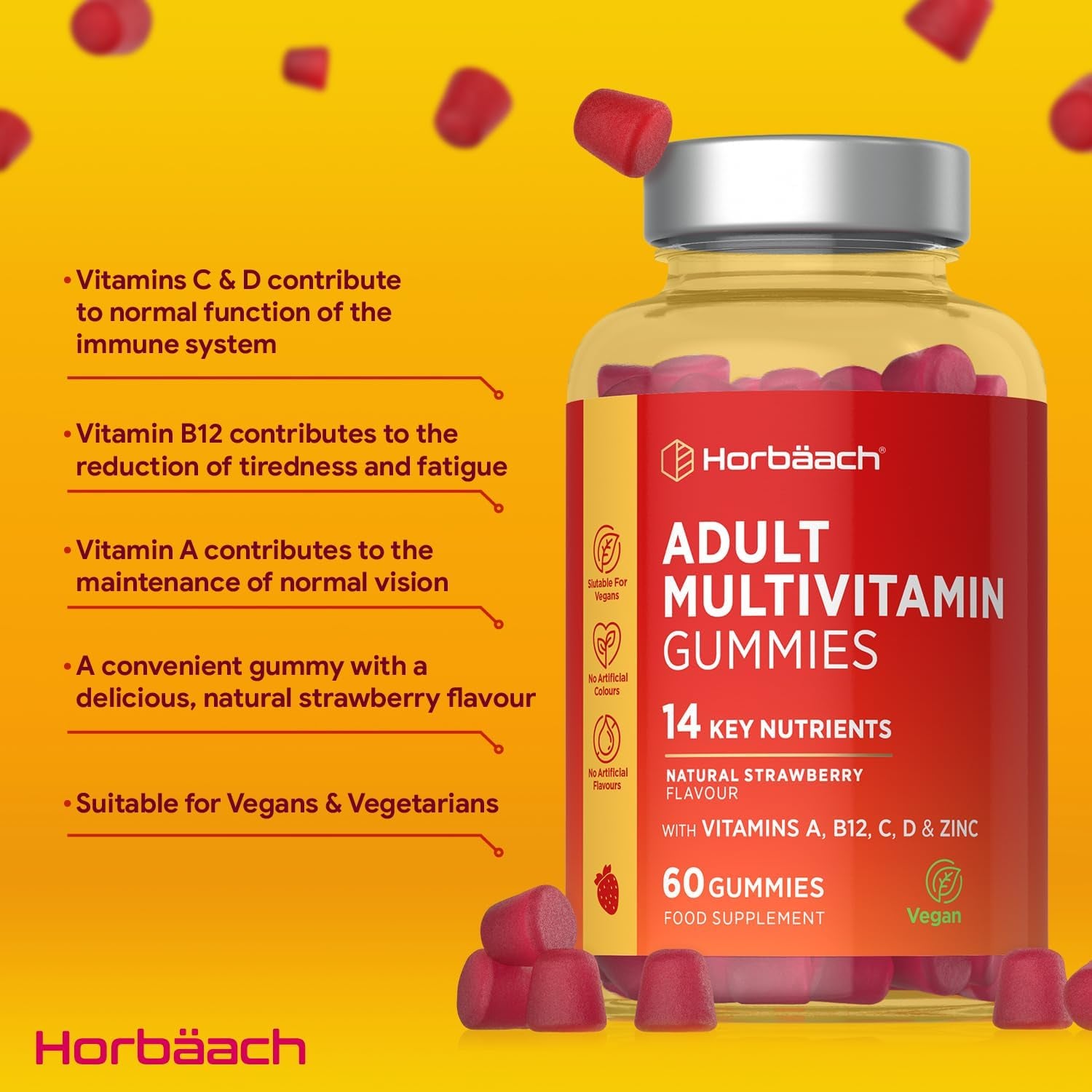 Multivitamin Gummies for Women and Men | 60 Count | Multi Vitamin Supplement for Adults | 14 Nutrient Complex with Vitamins A, B12, C, D, and Zinc | Strawberry Flavour | Vegan | by Horbaach
