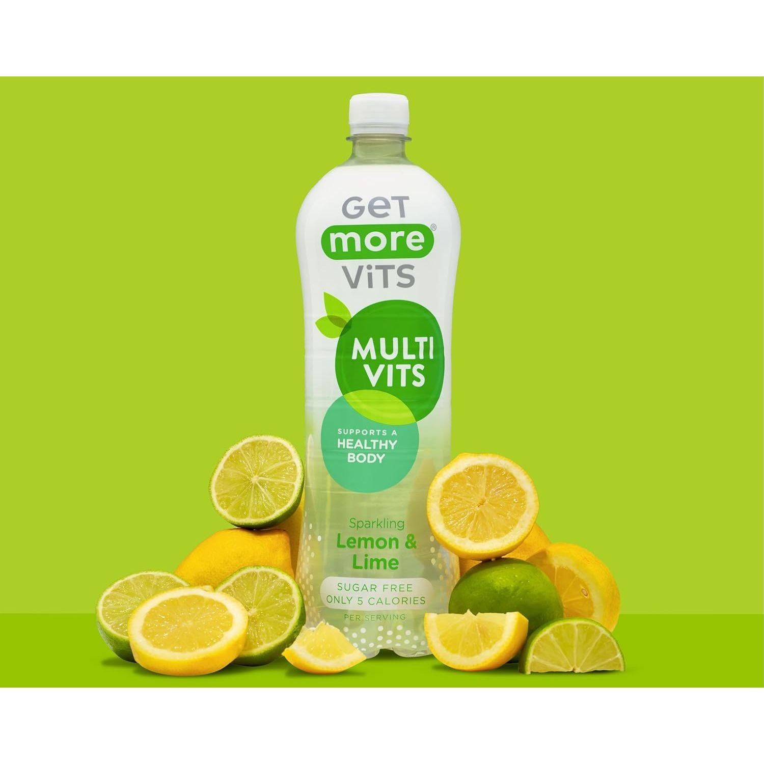 Get More Vits Sparkling Water - Low Calorie, Sugar Free, & Multivitamin Flavoured Water - Fizzy Drink with Vitamin D, C, & B Vitamins - Lemon & Lime Spring Water - 1 Litre Bottles, Pack of 12