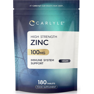 Zinc Tablets 100Mg | Immunity Support Supplement | High Strength Zinc Citrate | 180 Vegan Tablets | Carlyle
