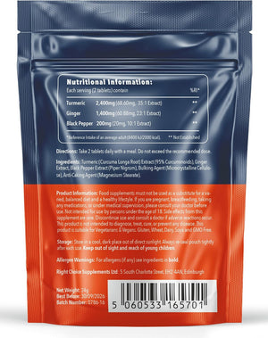 Turmeric Tablets 4000Mg per Serving (2400Mg Turmeric, 1400Mg Ginger, 200 Mg Black Pepper) | 180 High Strength Curcumin Tablet Supplements| Vegan and Gluten Free | UK Made