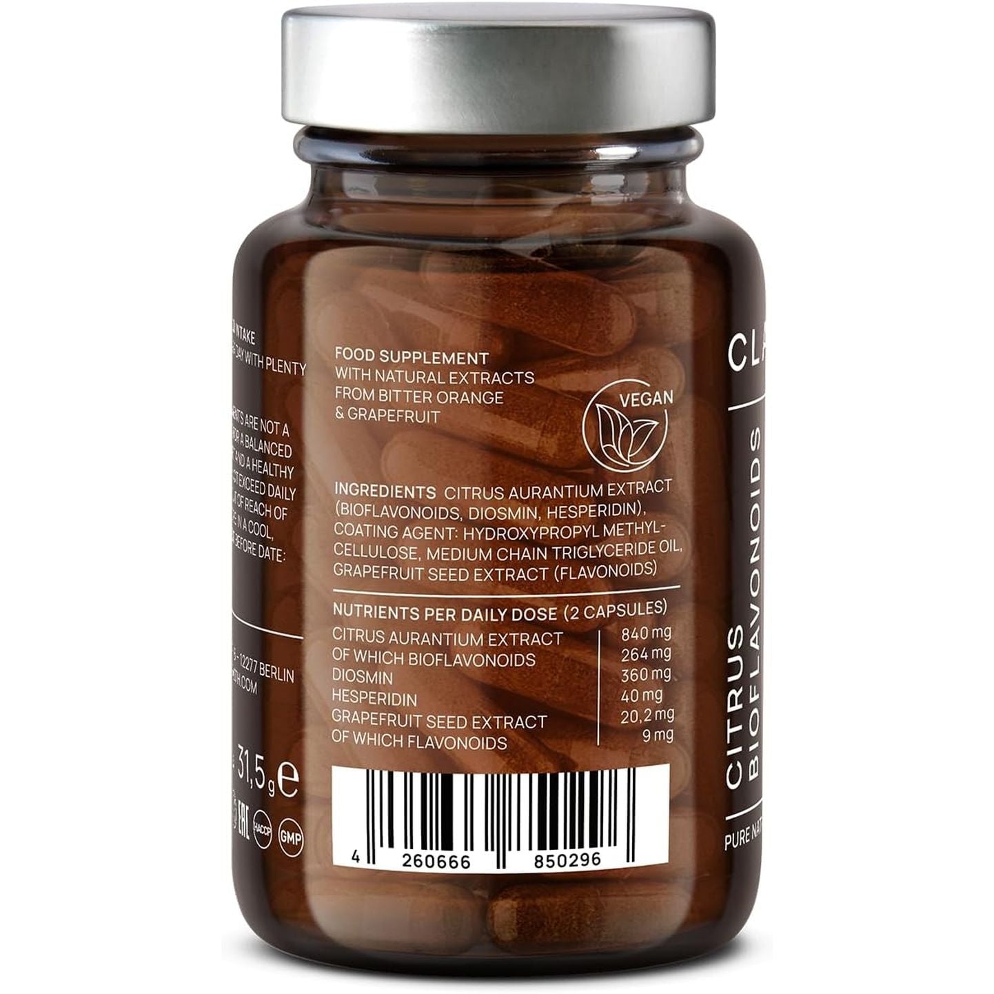 Citrus Bioflavonoids Complex with Diosmin Hesperidin and Naringin - Flavonoids Supplement Made from Bitter Orange and Grapefruit Extract - Circulation Booster - 60 Capsules - Made in Germany