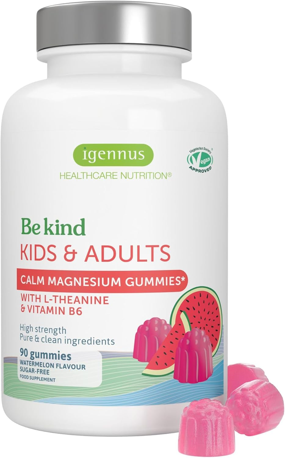 Igennus Calm Magnesium Gummies, L-Theanine & Vitamin B6, for Kids & Adults, 90 Sugar-Free Gummies, Watermelon Flavour, Clean Ingredients & Vegan, 45-90 Servings