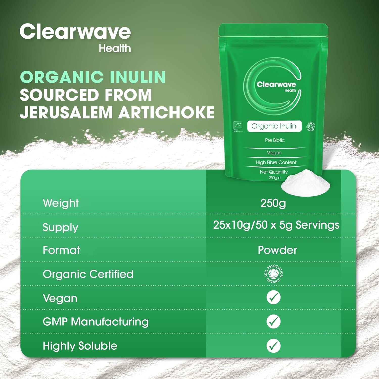 Organic Inulin Powder | 250G | Prebiotic Fibre Supplement | Soluble Fibre Powder for Gut Health & Digestion | by Clearwave Health