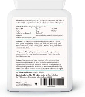 Troo Health Care Saccharomyces Boulardii Supplement - 90 Capsules – 5 Billion Cfu with Olive Leaf, Biotin and Vitamin D - Highly Stable Friendly Yeast to Support Gut Bacteria Balance