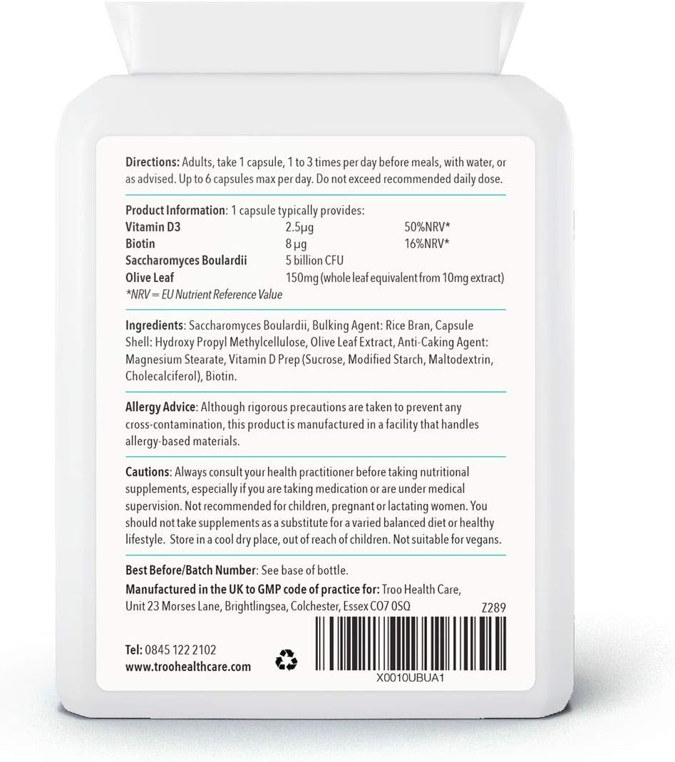 Troo Health Care Saccharomyces Boulardii Supplement - 90 Capsules – 5 Billion Cfu with Olive Leaf, Biotin and Vitamin D - Highly Stable Friendly Yeast to Support Gut Bacteria Balance