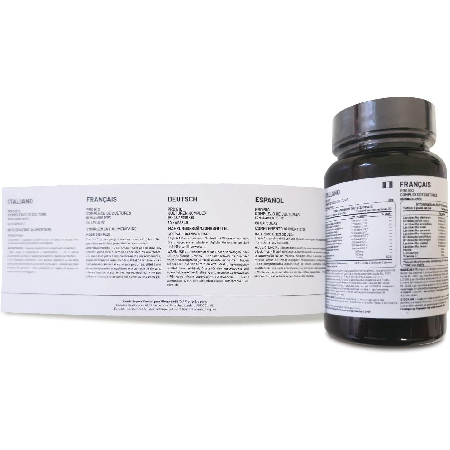 Bio Cultures Complex Probiotics and Prebiotics - 50 Billion CFU - 10 Live Bacteria Strains – Added with Inulin, L-Glutamine & Vitamin C - 60 Capsules | Advanced Probiotic for Women & Men by Prowise