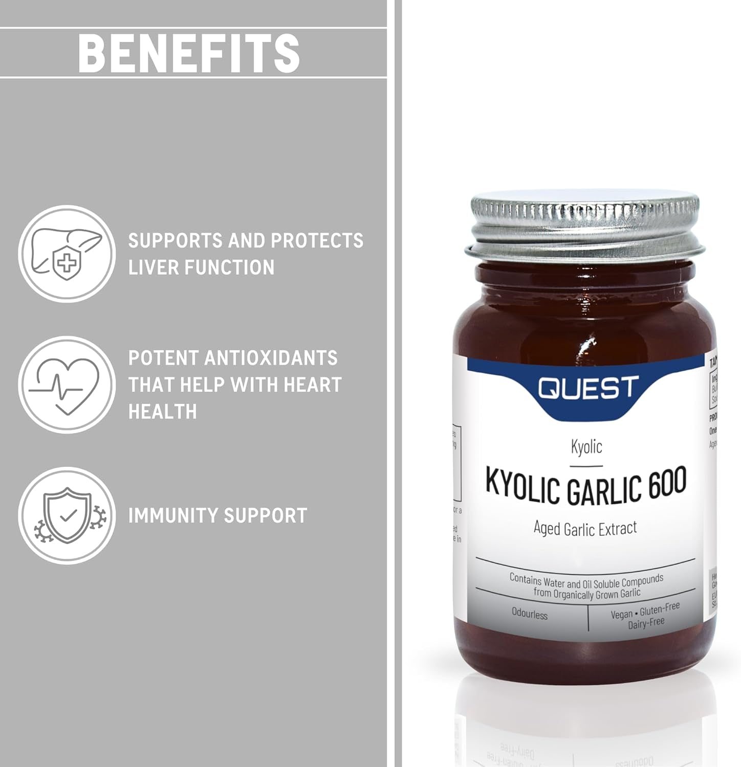 Quest Kyolic Garlic 90 Tablets - 600Mg High Strength Odourless Agedgarlic Extract for Heart, Liver & Immune Function. Daily Supplement, Improve Circulation, Liver Detox & Immunity (Pack of 1)