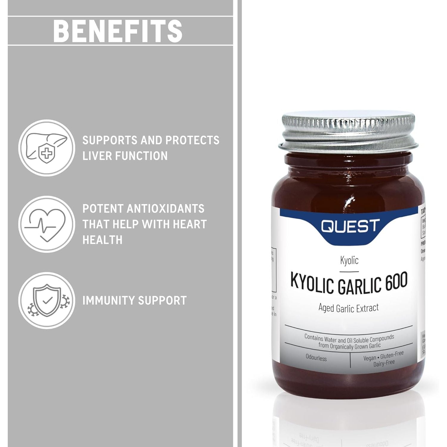 Quest Kyolic Garlic 90 Tablets - 600Mg High Strength Odourless Agedgarlic Extract for Heart, Liver & Immune Function. Daily Supplement, Improve Circulation, Liver Detox & Immunity (Pack of 1)
