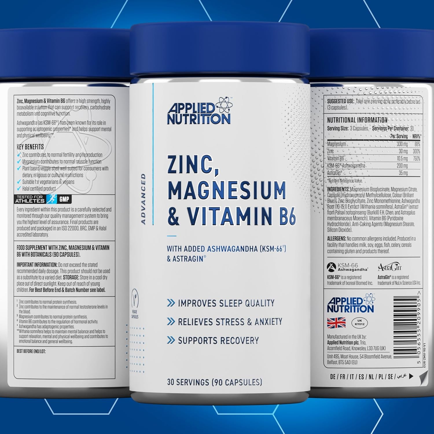 Applied Nutrition Zinc, Magnesium & Vitamin B6 with Ashwagandha Capsules - Natural Support for Hormonal Balance, Sleep Support & Stress Relief - 90 Capsules (30 Servings)