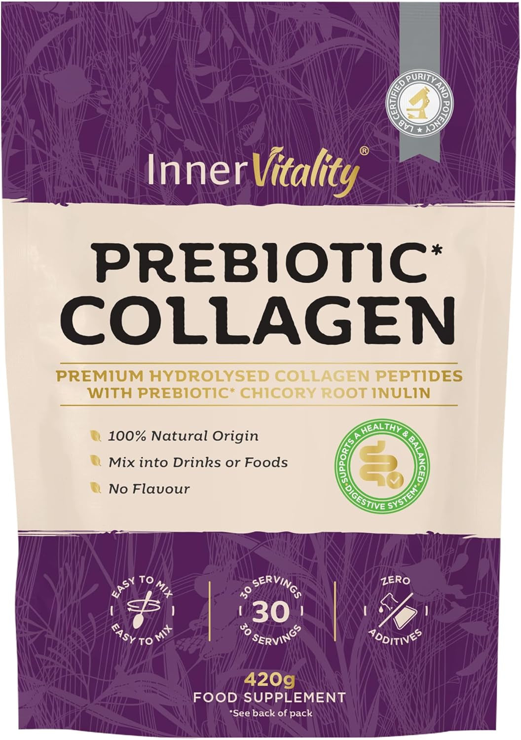 Prebiotic Collagen Powder - 420G Hydrolysed Bovine Collagen Peptides with Prebiotics for Gut Health & Skin, Collagen Powder for Woman & Men by Inner Vitality