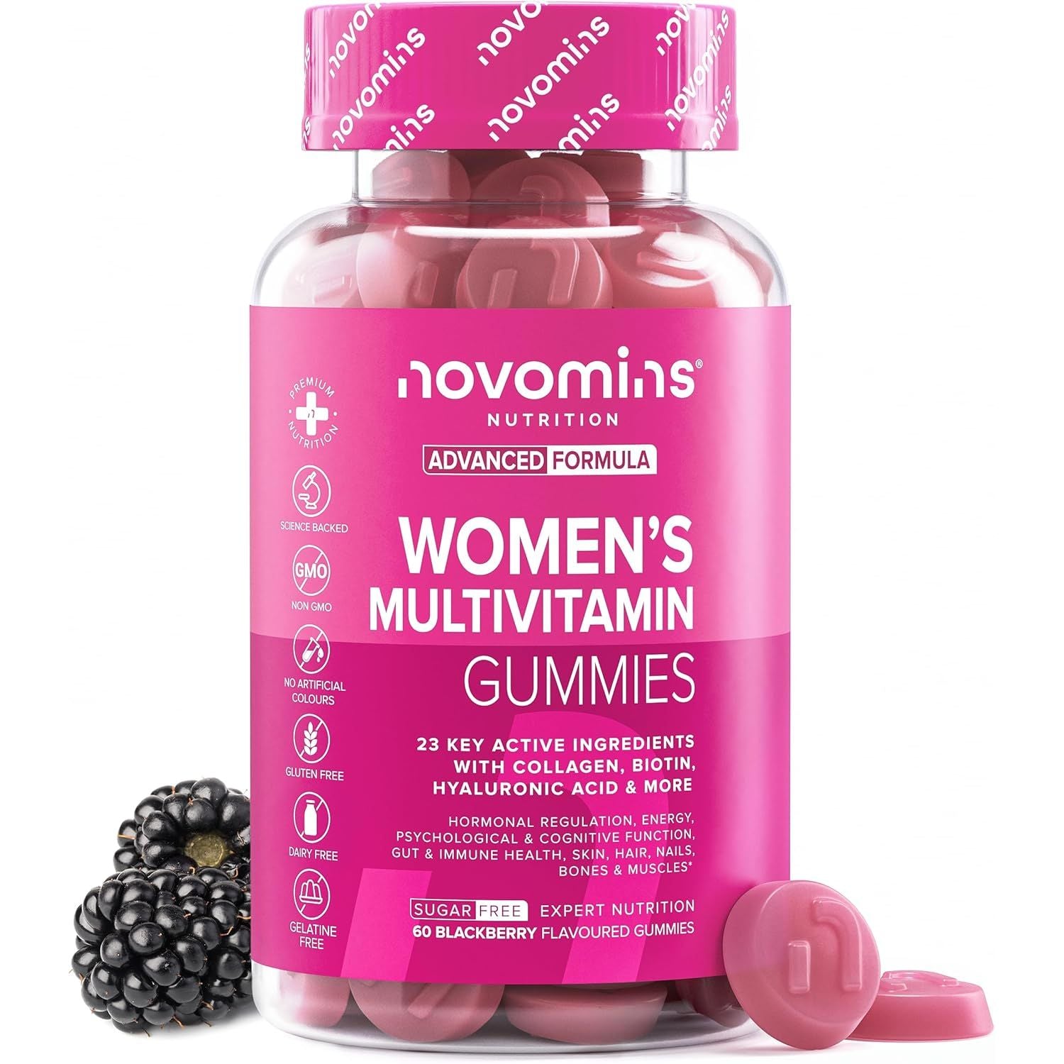 Multivitamin Gummies for Women - 23 Vitamins, Minerals & Probiotics for Women - Marine Collagen, Hyaluronic Acid, Folic Acid, Vitamin D, A, C, B, Biotin & Zinc – 60 Vitamin Gummies - Novomins