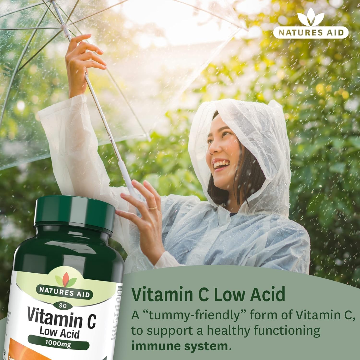 Natures Aid Low Acid Vitamin C 1000Mg – High Strength Immune Support, Antioxidant Protection – Gentle on Stomach – Supports Collagen, Skin, Energy & Iron Absorption – Vegan - 90 Tablets