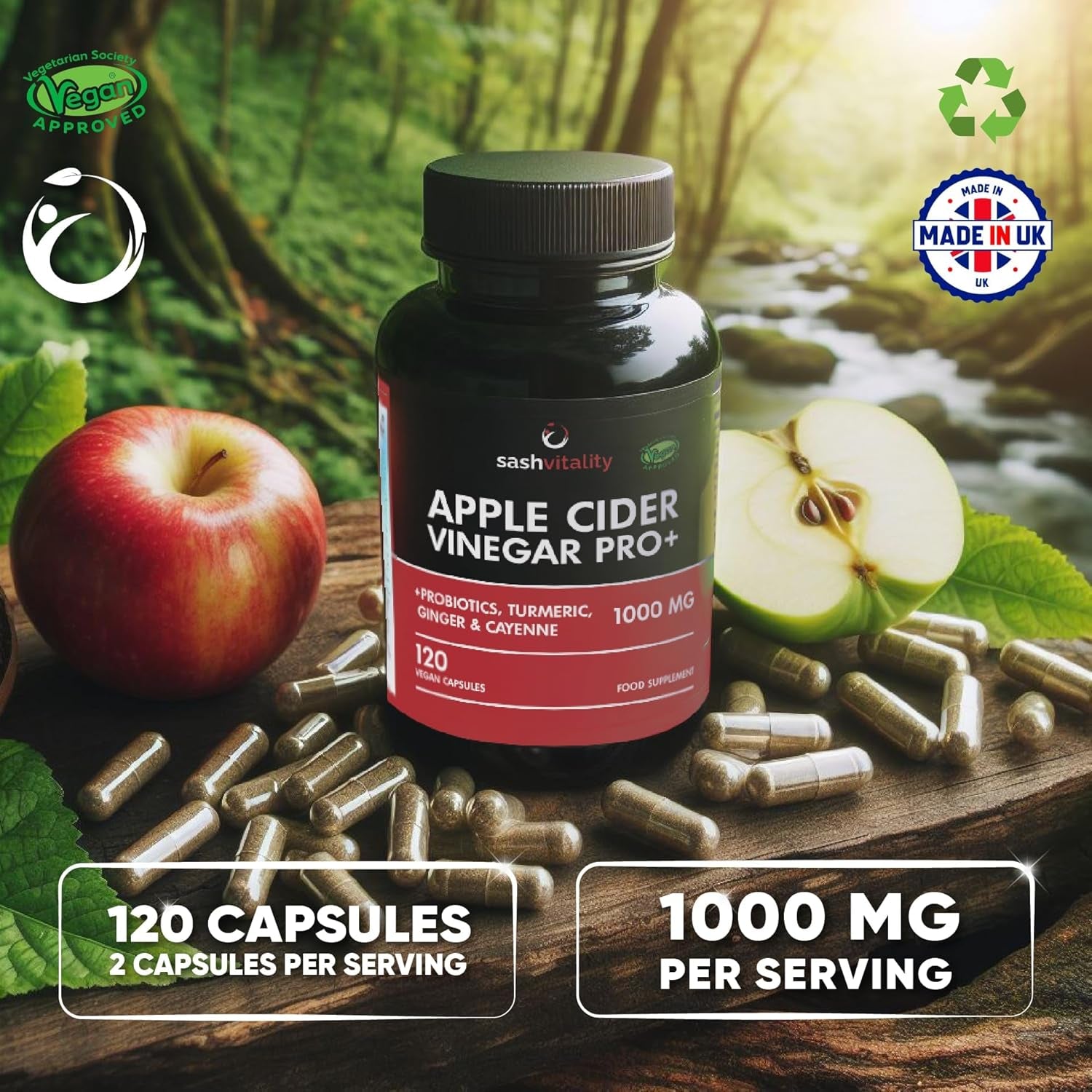 Raw Apple Cider Vinegar Complex 2250Mg with the Mother 3-In-1 Gut Support with Turmeric, Ginger, Cayenne Extract, Probiotics 1.4 Billion CFU, Prebiotic Inulin & Flaxseed 120 Vegan Capsules | UK Made