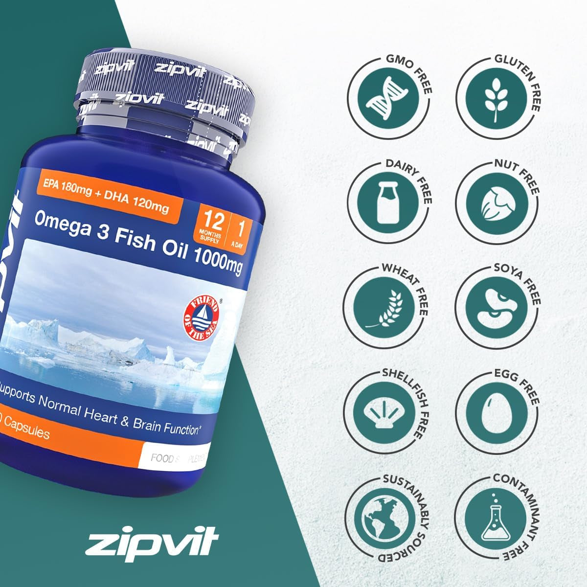 Omega 3 Fish Oil 1000Mg, 360 Softgel Capsules. 12 Months Supply. EPA 180Mg DHA 120Mg. Supports Heart, Brain Function and Eye Health.