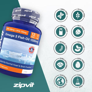Omega 3 Fish Oil 1000Mg, 360 Softgel Capsules. 12 Months Supply. EPA 180Mg DHA 120Mg. Supports Heart, Brain Function and Eye Health.