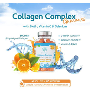 Collagen Complex - 90 Natural Orange Flavour Chewable Yummy Gummies - One a Day 500Mg Bovine Collagen, Biotin, Vitamin C, Selenium, Vits B6 and B12 – Healthy Skin and Hair for Men and Women – UK Made