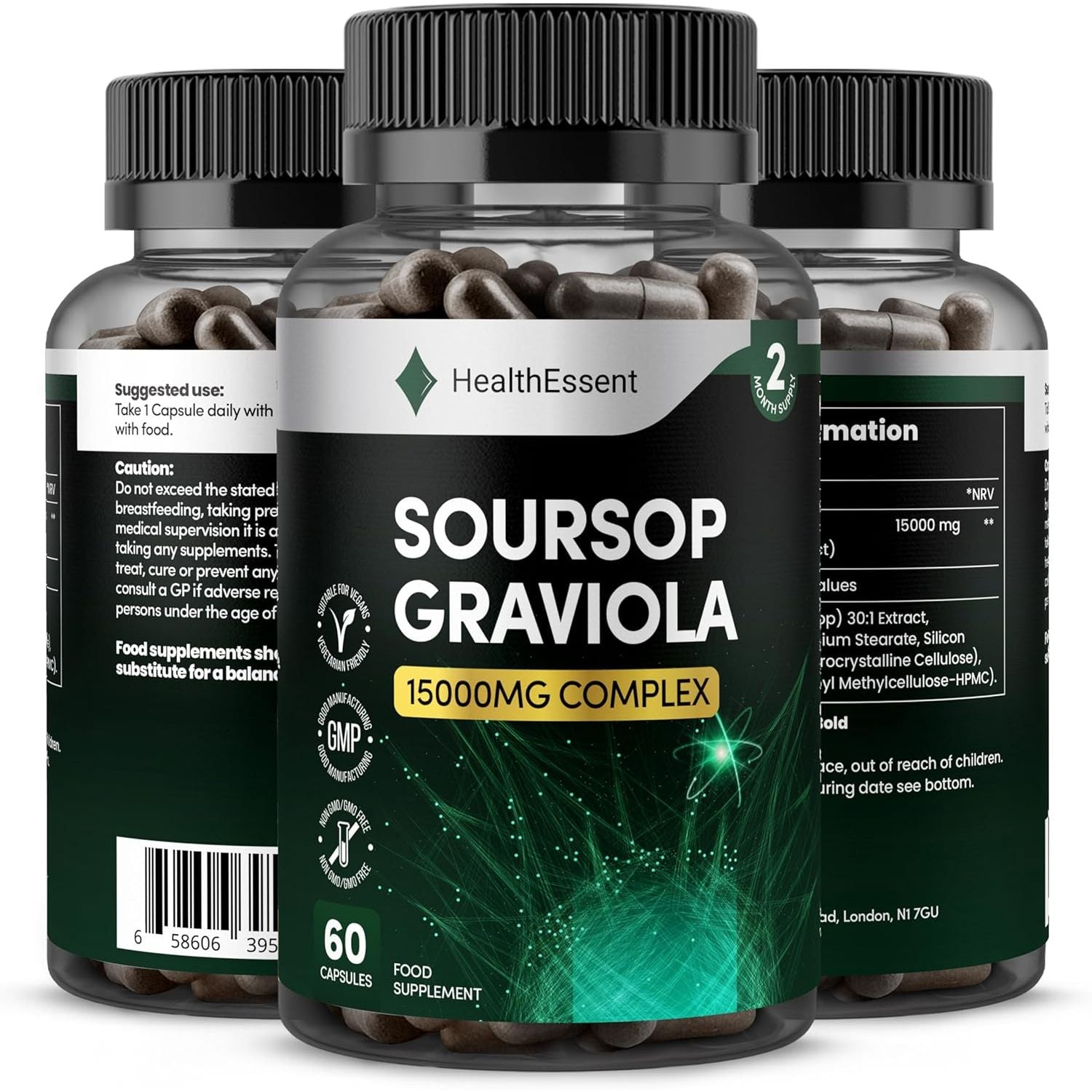Soursop Graviola Fruit Extract Capsules, 15000Mg High Strength Complex - Antioxidant & Immune Support - (2 Month Supply) - 60 Vegan Capsules by Healthessent