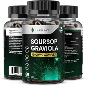 Soursop Graviola Fruit Extract Capsules, 15000Mg High Strength Complex - Antioxidant & Immune Support - (2 Month Supply) - 60 Vegan Capsules by Healthessent
