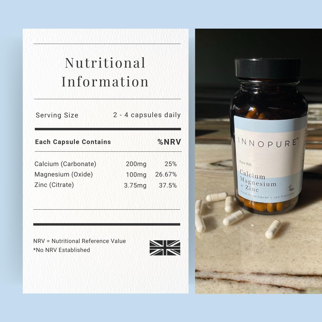 INNOPURE Calcium, Magnesium & Zinc Capsules (No Fillers or Binders) Clean Label Multi Mineral Supplement, Easy to Swallow Capsules (Not Tablets) 120 Capsules, UK Made