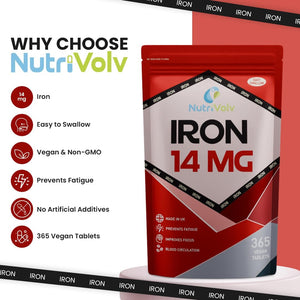 Iron Tablets High Strength 14Mg | 365 Count | 12 Months Supply | Vegan Iron Supplements for Women and Men | Ferrous Fumarate Energy | Reduces Tiredness and Fatigue | UK Made Vitamin