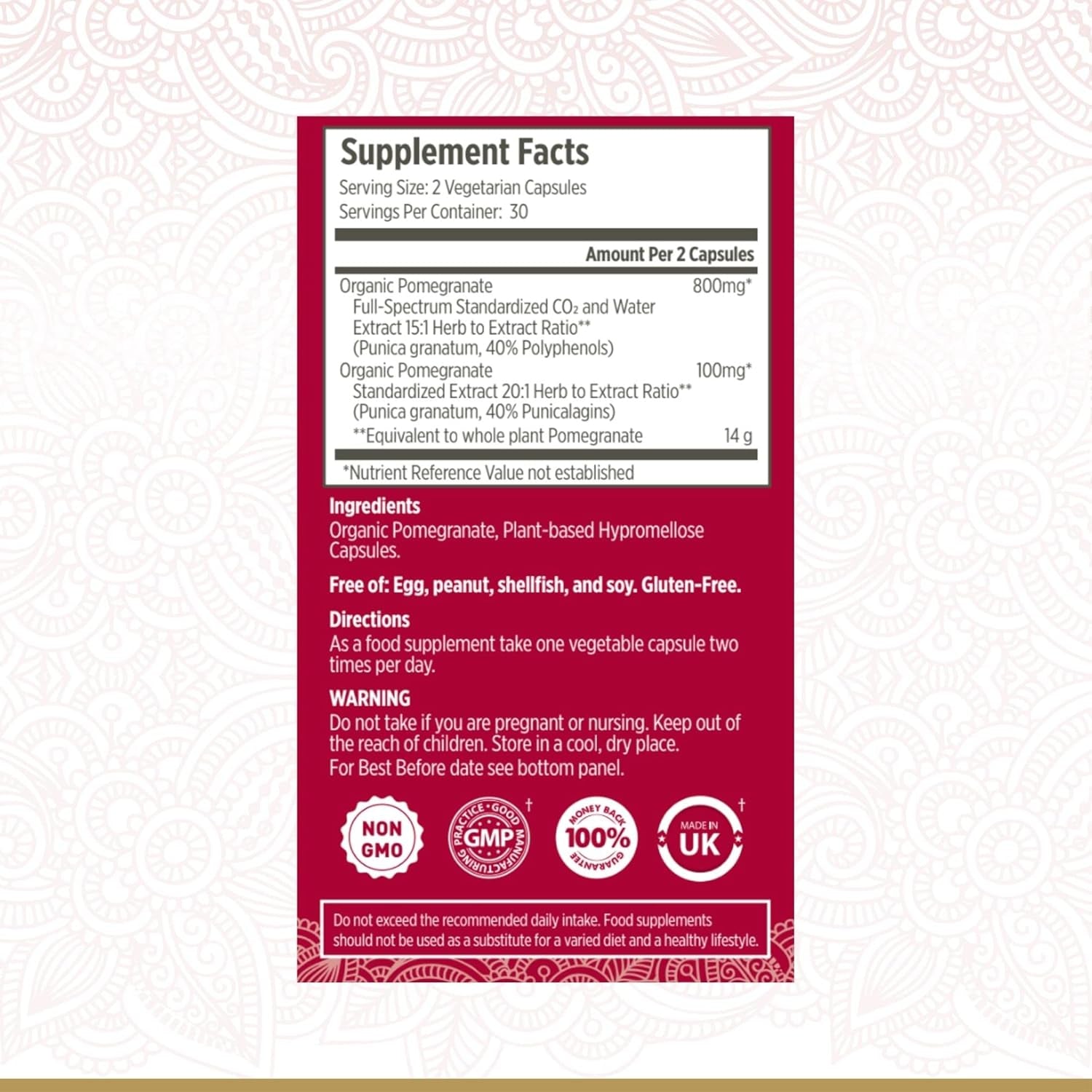 Organic Pomegranate Capsules - Pomegranate Supplements | Certified Organic by Soil Association | Vegetarian & Vegan Friendly | Ayurveda | 60 Easy Swallow Pomegranate Tablets | Manufactured in the UK