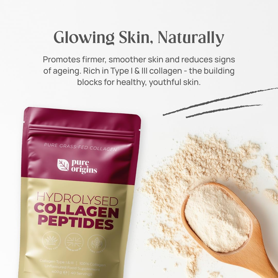 Pure Origins Bovine Collagen Powder 400G - Grass Fed, Grass Finished Pure Unflavoured Premium Hydrolysed Bovine Collagen Peptides Powder (Type 1 & 3) Collagen Supplement for Women & Men