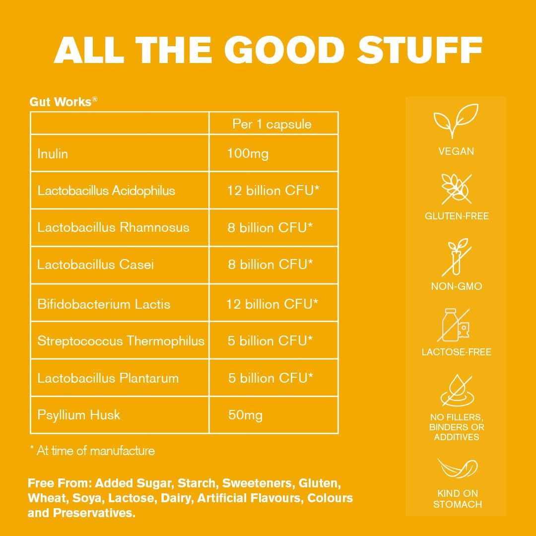 Gut Works® | 6 Prebiotics and Probiotic Strains | 50 Billion CFU Bacteria Live Cultures | Daily Support for Gut Health | 30 Vegan Capsules | One-A-Day | Dr.Vegan