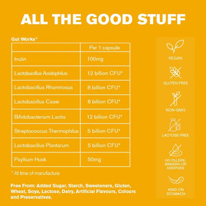 Gut Works® | 6 Prebiotics and Probiotic Strains | 50 Billion CFU Bacteria Live Cultures | Daily Support for Gut Health | 30 Vegan Capsules | One-A-Day | Dr.Vegan