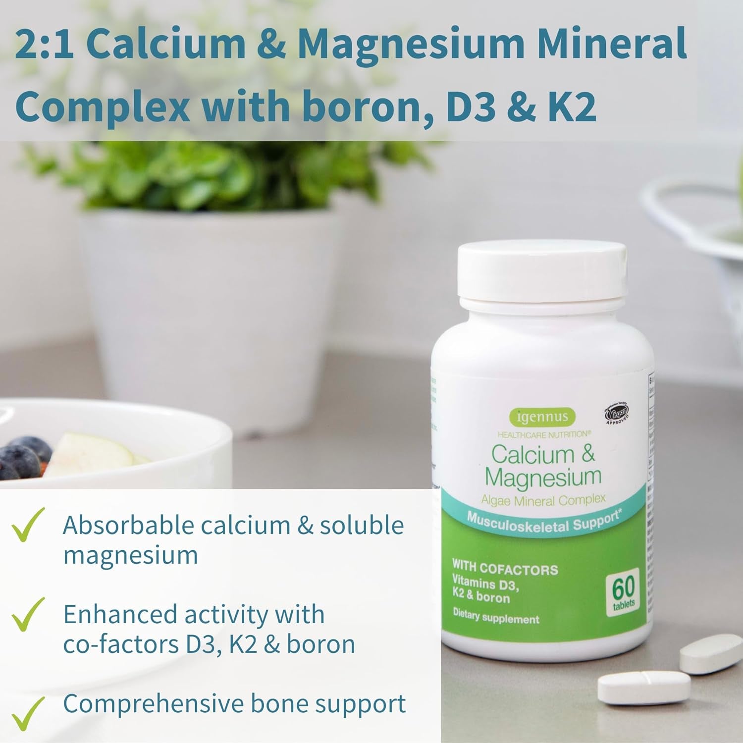 High Absorption Algae Calcium & Magnesium Supplement, plus Vitamin D, K2 & Boron, Clean Label & Plant Based, Non-Gmo Algae Mineral Complex for Bone & Teeth Support, Vegan, 60 Tablets, by Igennus