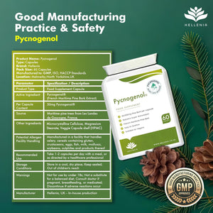 Pycnogenol 30Mg (60 Capsules) | French Maritime Pine Bark Extract | Providing Naturally Powerful Bioflavonoids | High Bioavailability Suitable for Vegans - Made in the UK by Hellenia