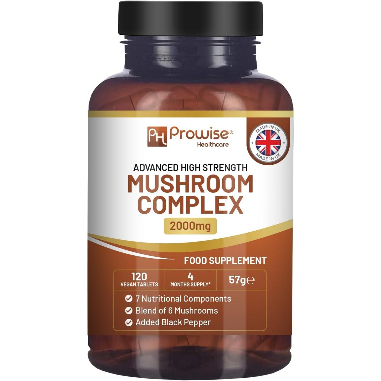 Advanced Mushroom Complex 2000Mg | a Super Blend of 6 Mushrooms with Lion'S Mane, Chaga, Cordyceps, Shiitake, Reishi and Maitake with Black Pepper | 120 Vegan High Strength Tablets UK Made by Prowise