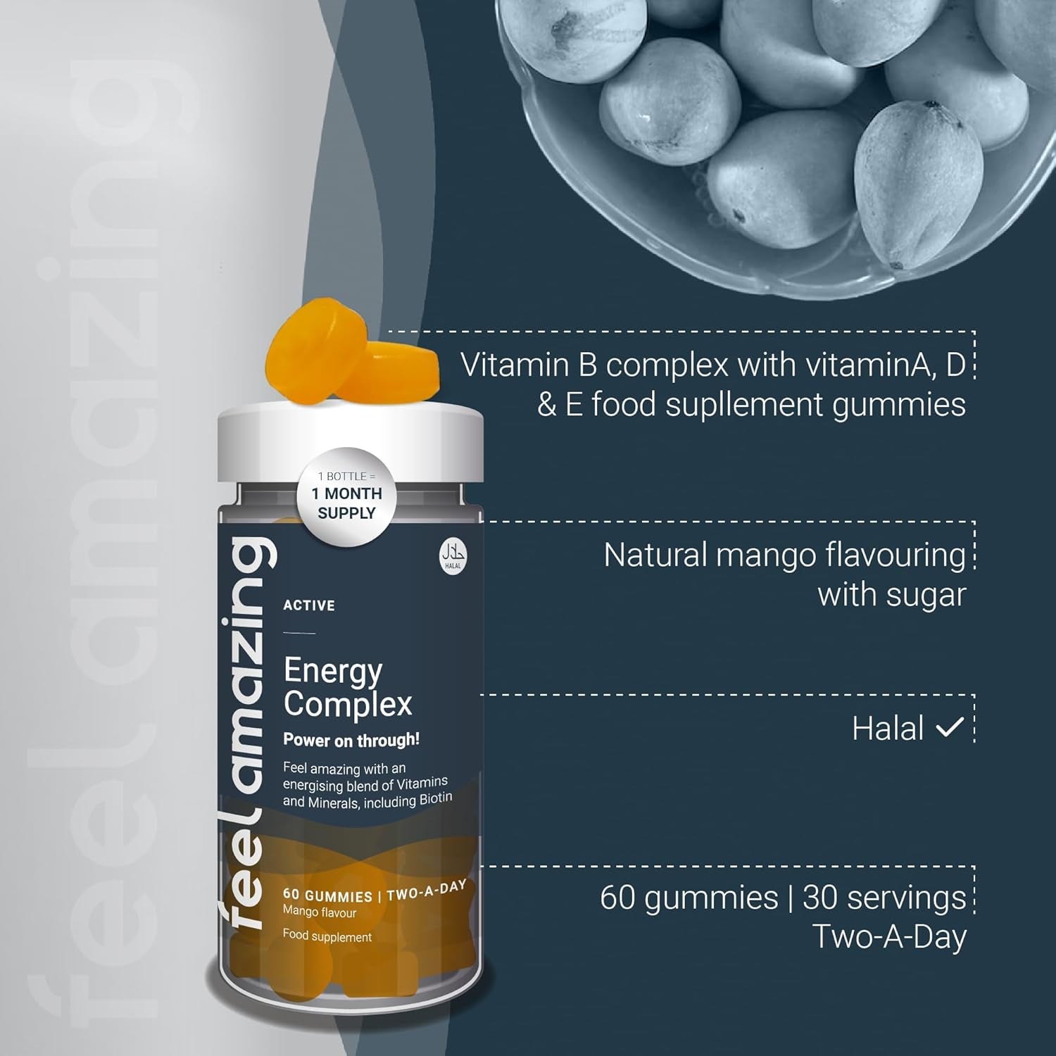 Feel Amazing Energy Complex Gummies - Vitality Support with B-Vitamins - Immune Boost - Mango Flavour, Vegetarian, Halal, 60 Gummies, 30-Day Supply (1)