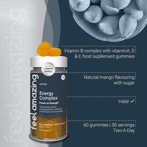 Feel Amazing Energy Complex Gummies - Vitality Support with B-Vitamins - Immune Boost - Mango Flavour, Vegetarian, Halal, 60 Gummies, 30-Day Supply (1)