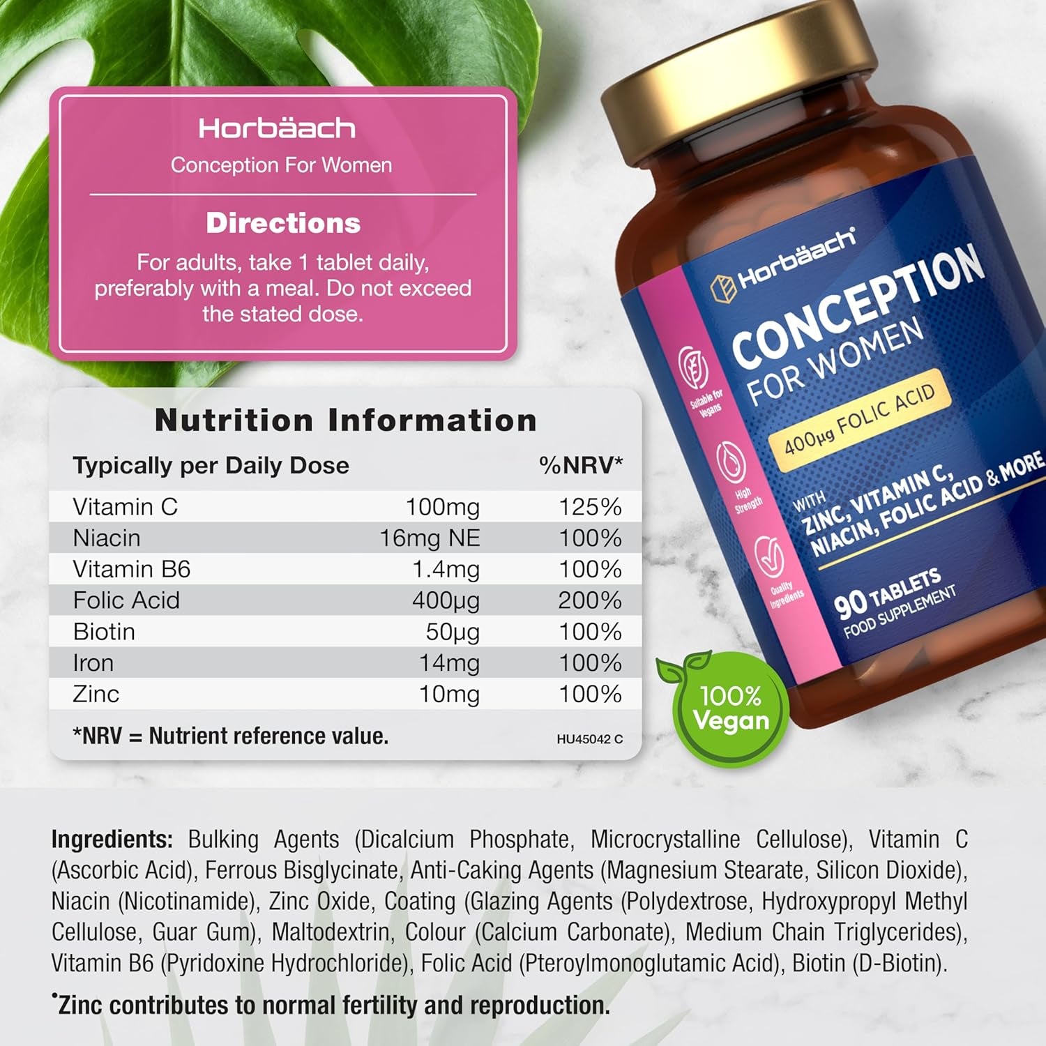 Conception Vitamins for Women | 400Μg Folic Acid for Fertility Support - 3 Months Supply | Multivitamin & Mineral Formula with Vitamin C, Iron, Zinc & More! | 90 Vegan Tablets | by Horbaach