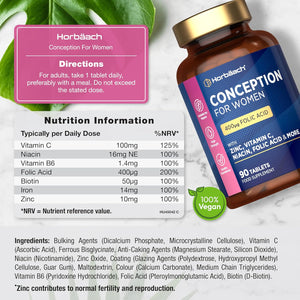 Conception Vitamins for Women | 400Μg Folic Acid for Fertility Support - 3 Months Supply | Multivitamin & Mineral Formula with Vitamin C, Iron, Zinc & More! | 90 Vegan Tablets | by Horbaach