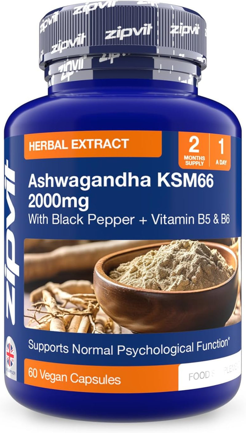 Zipvit Ashwagandha KSM 66 2000 Mg with Vitamin B6, B5 & Black Pepper, High Strength Ashwagandha Root Extract, 60 Vegan Capsules, 2 Months Supply