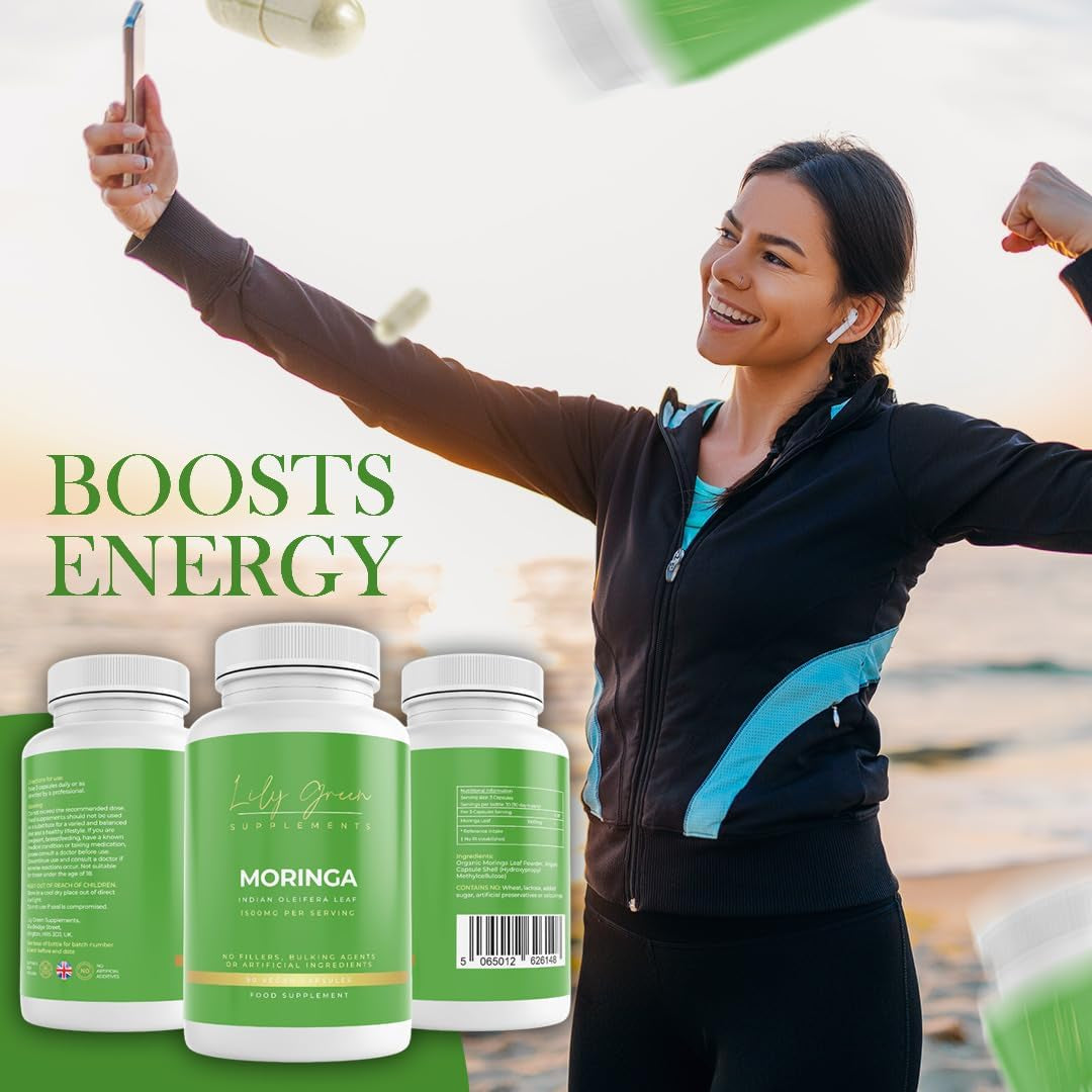 Lily Green Organic Moringa Capsules | 1500Mg per Serving Amino Acid Supplements | Rich in Vitamins, Calcium, Iron, Potassium & Antioxidants | No Artificial Additives | 90 Vegan Capsules | Made in UK