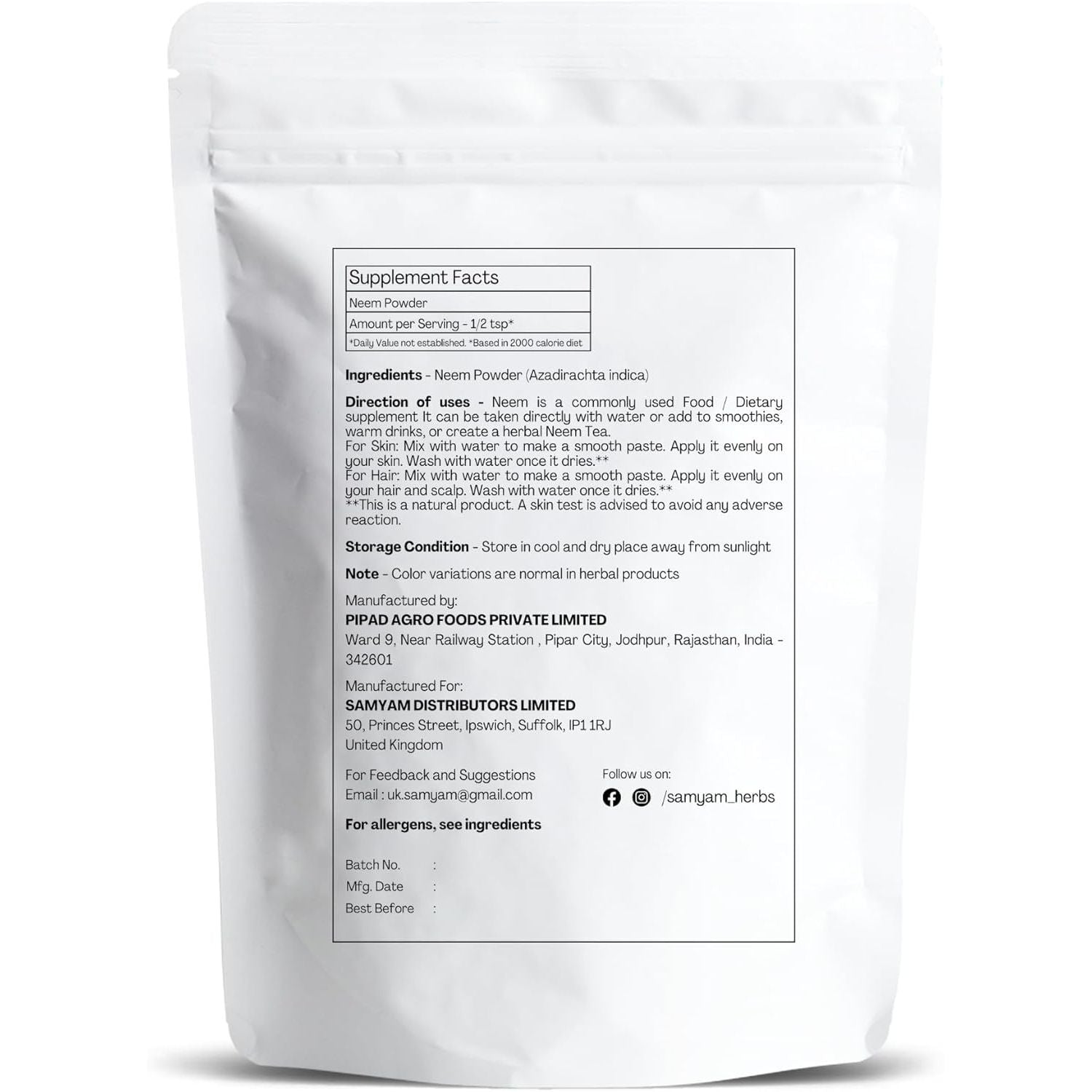 SAMYAM Neem Leaves Powder - 1Kg Pack | Detox, Healthy Skin, Hair Growth