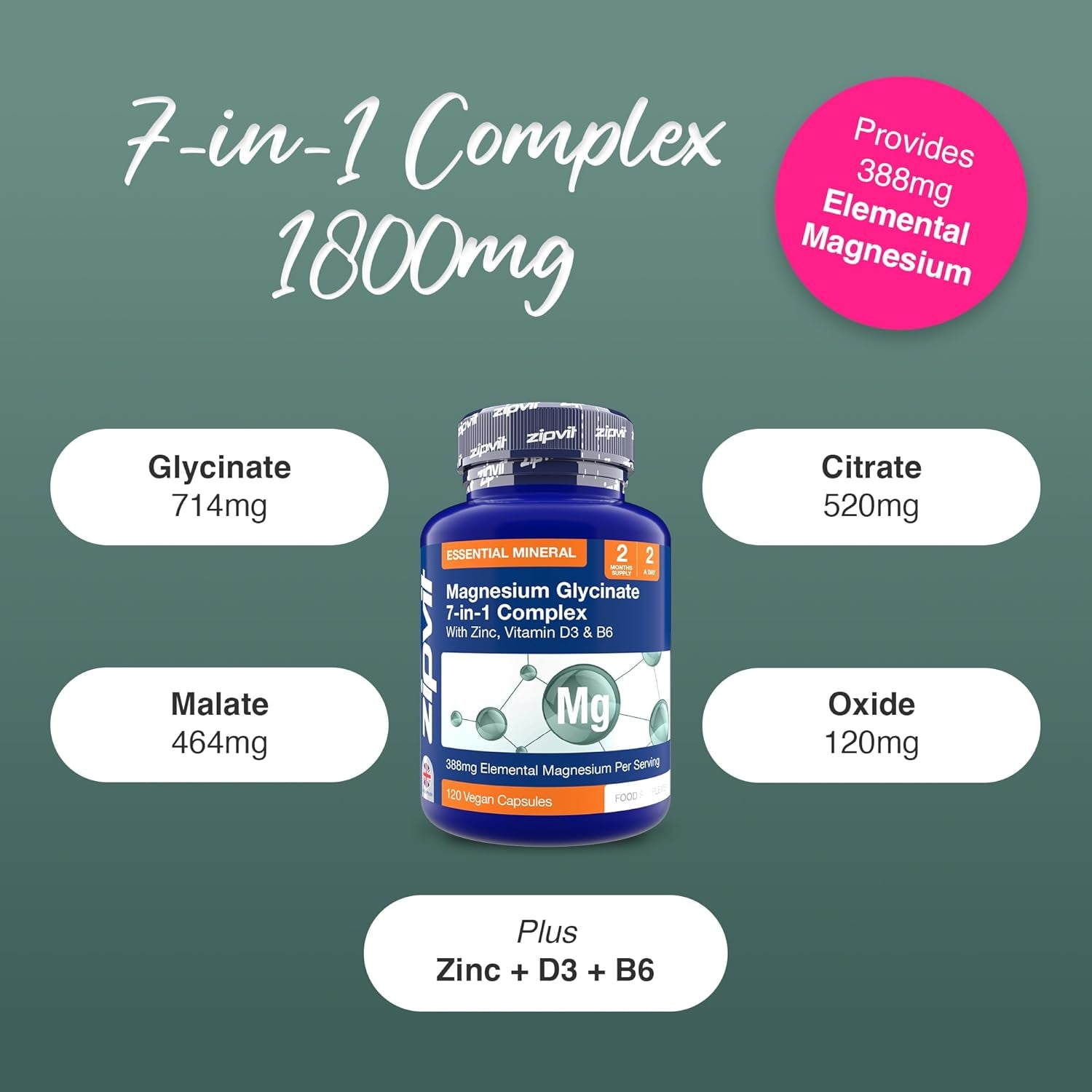 Zipvit Magnesium Glycinate 7-In-1 Complex, 1800Mg with 388Mg Elemental, High Absorption with Bisglycinate, Malate, Citrate, Oxide, plus Vitamin D3, B6 & Zinc, 120 Capsules, Vegan Magnesium Supplements