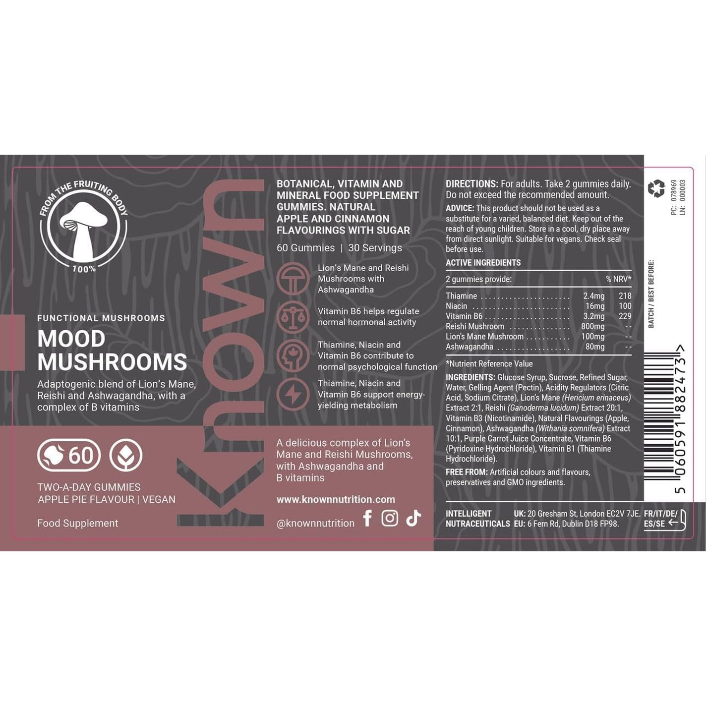 Known Mood Mushrooms Gummies - Lion’S Mane, B Vitamins - Brain Health & Hormone Balance - Natural Apple Pie Flavour - 60 Vegan Gummies, 1 Month Supply