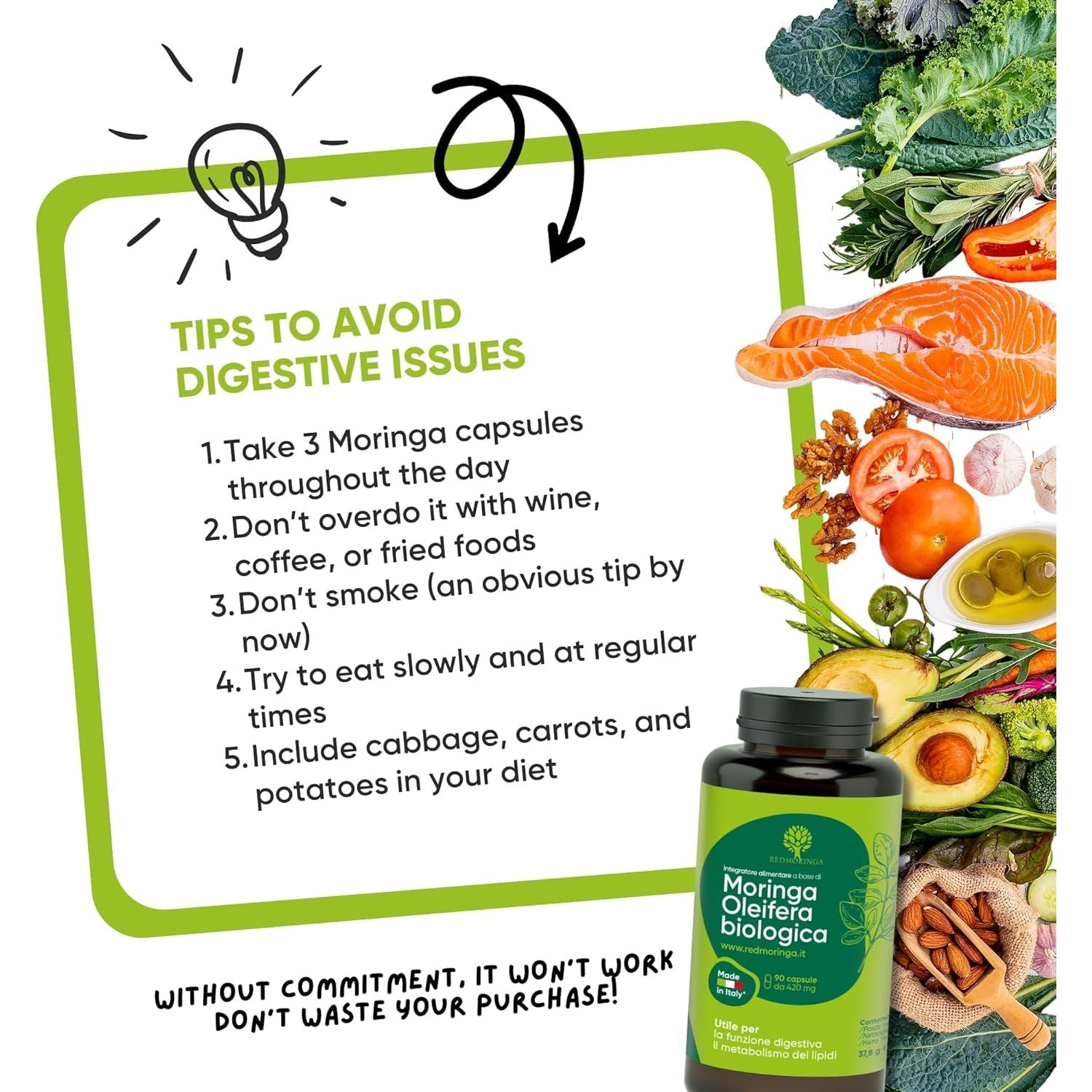 Organic Moringa Oleifera Capsules – 100% Natural Superfood | High Fibre Supplements | Supports Digestion, Metabolism & Immune System | 90 Moringa Capsules Made in Italy - Redmoringa