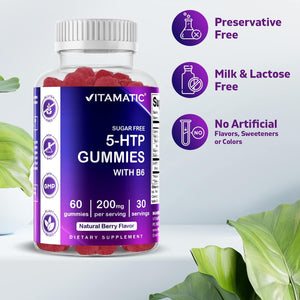 Vitamatic Sugar Free 5-HTP 200Mg Gummies with B6 – 60 Pectin-Based Gummies – Mood Support & Stress Relief